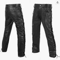 Men's Thick Cowhide Genuine Leather Full Grain Motorcycle Side Laces Leather Pants 