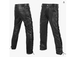 Men's Thick Cowhide Genuine Leather Full Grain Motorcycle Side Laces Leather Pants 